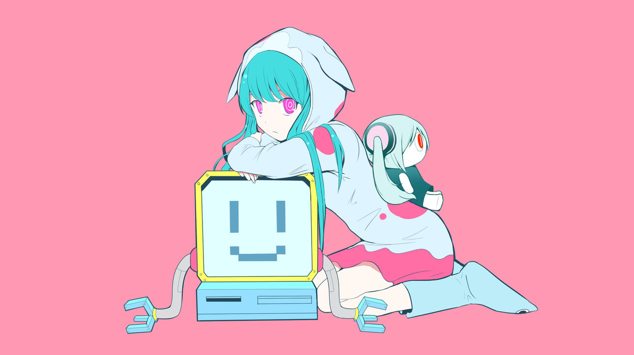 miku from yozurina resting on a computer with a pixelated smile